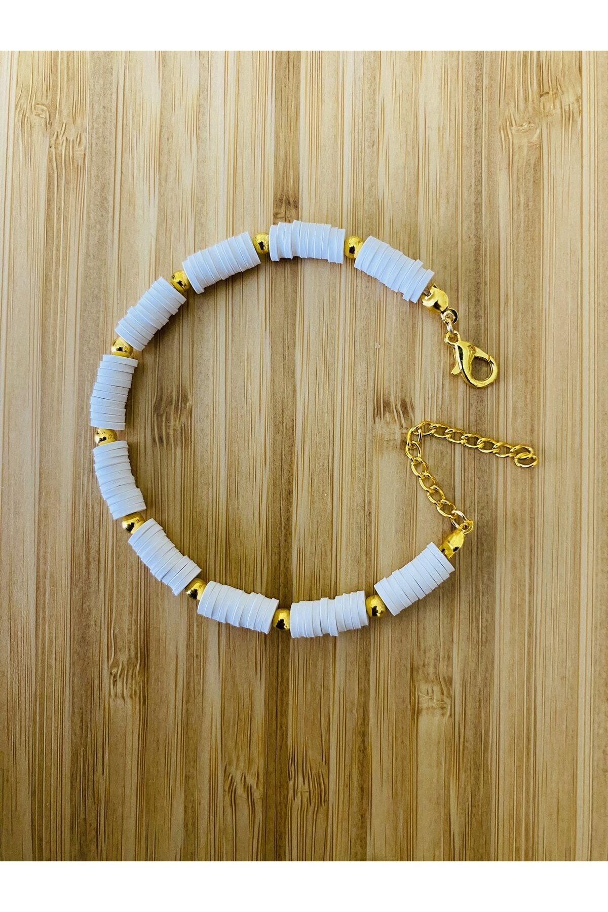 Fimo Bileklik Sarı Ara 4 No Boncuklu. Beyaz.