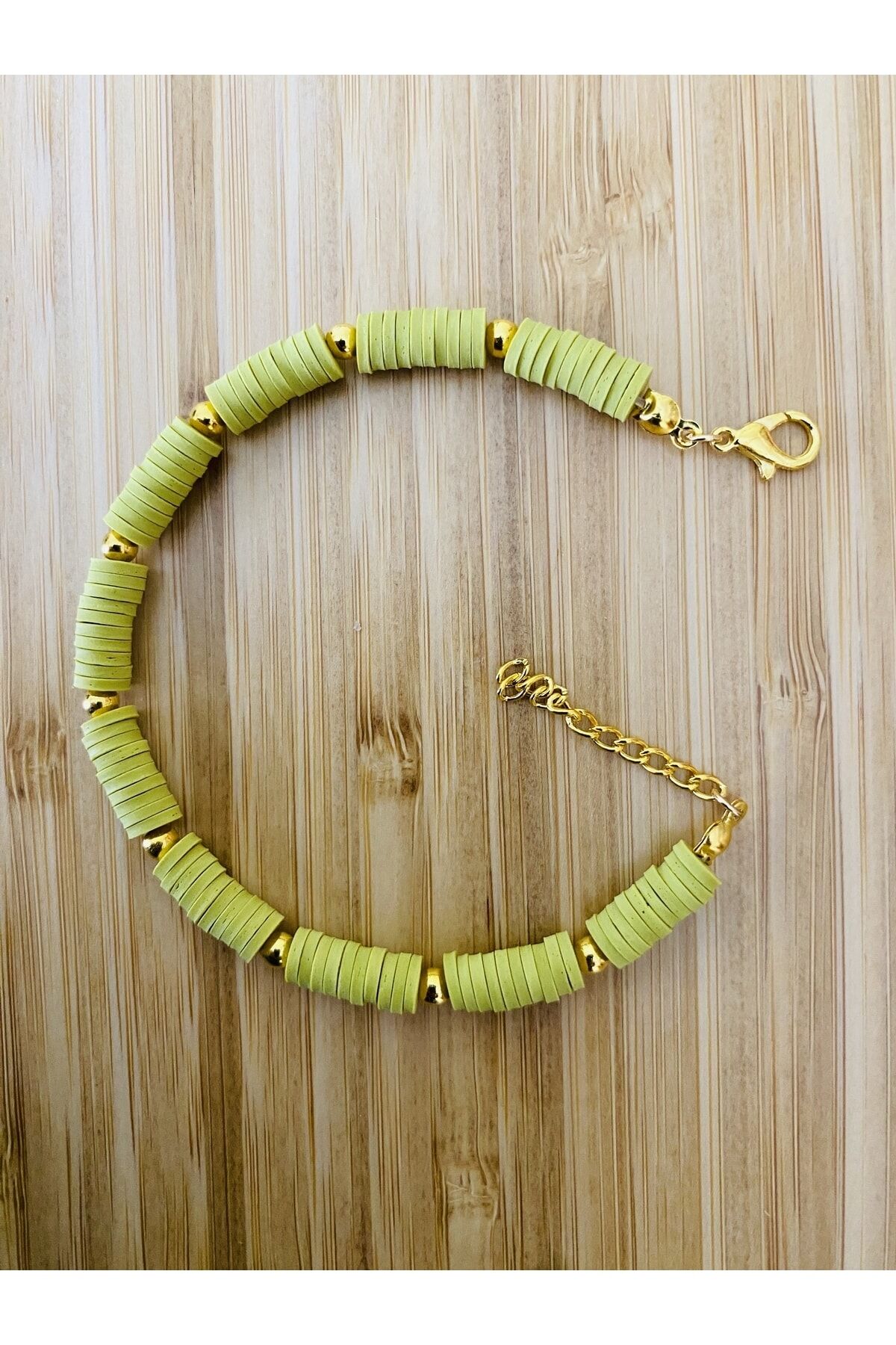 Fimo Bileklik Sarı Ara 4 No Boncuklu. Fıstık Yeşili.