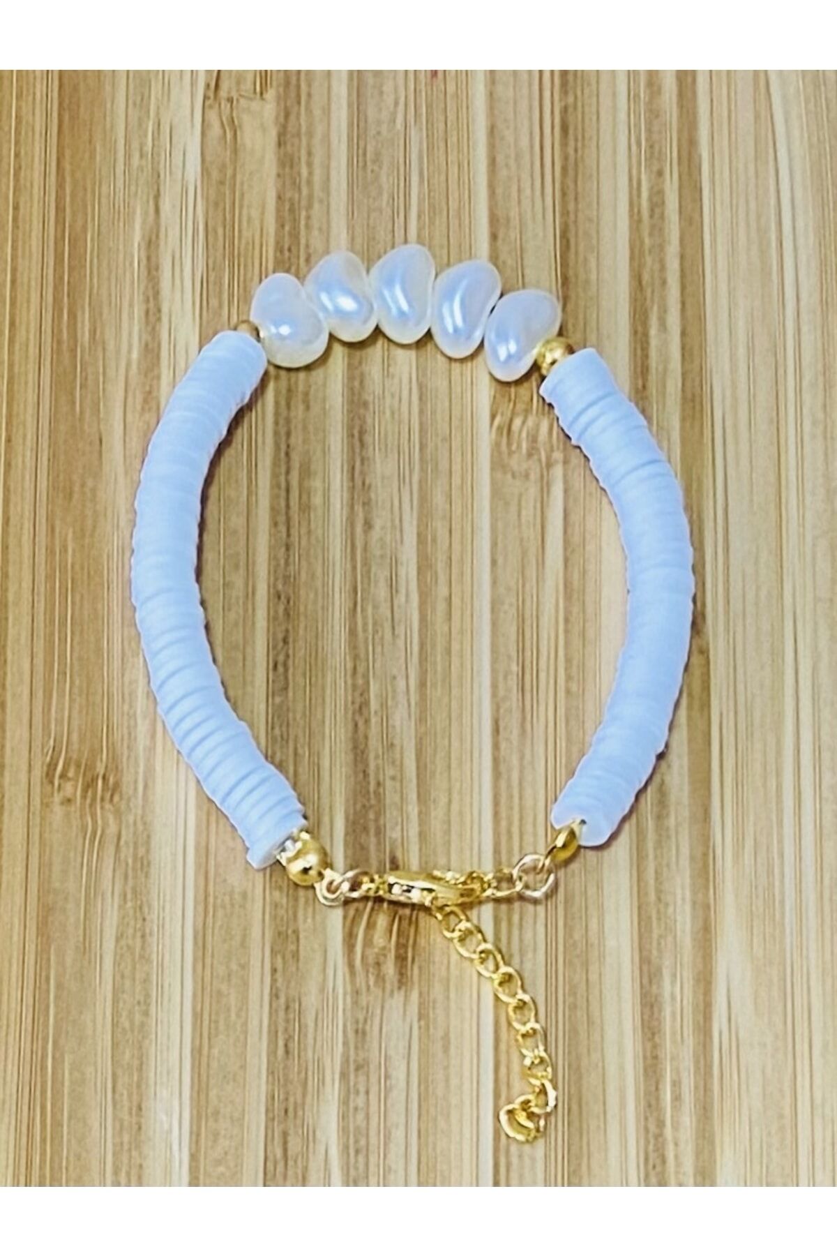 Fimo Bileklik Sarı Ara 4 No Boncuklu. Gök Mavi.