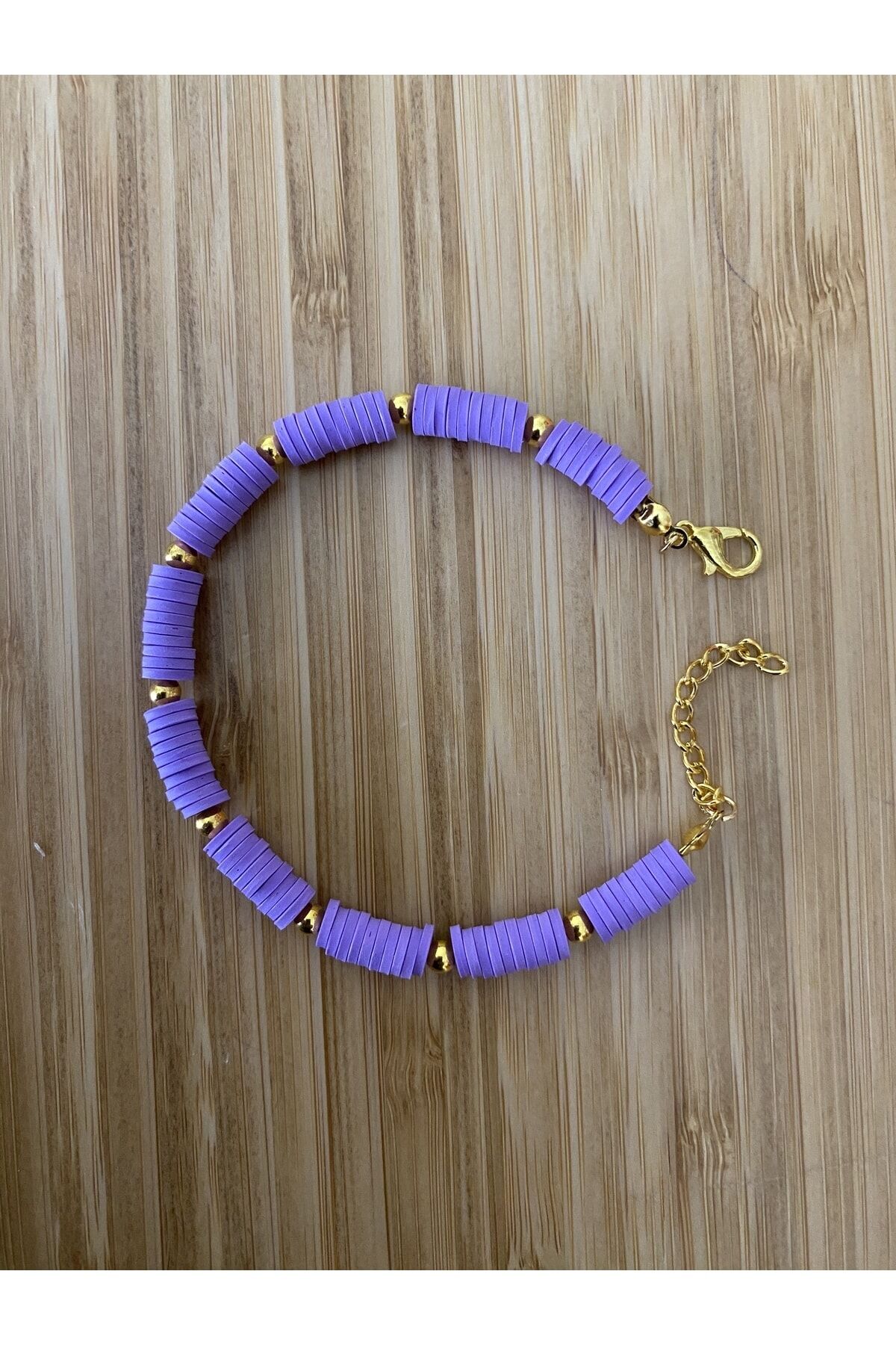 Fimo Bileklik Sarı Ara 4 No Boncuklu. Lila.