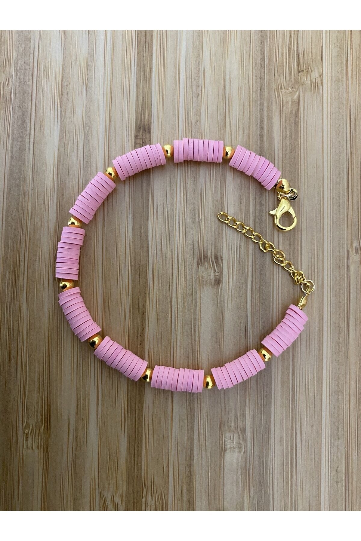 Fimo Bileklik Sarı Ara 4 No Boncuklu. Pembe.