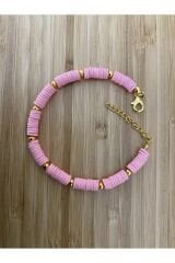 Fimo Bileklik Sarı Ara 4 No Boncuklu. Pembe.