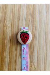 Büyük Çilek Desen Boyama Doğal Ahşap Düğme 15 mm.  5'li Paket. Büyük Çilek.