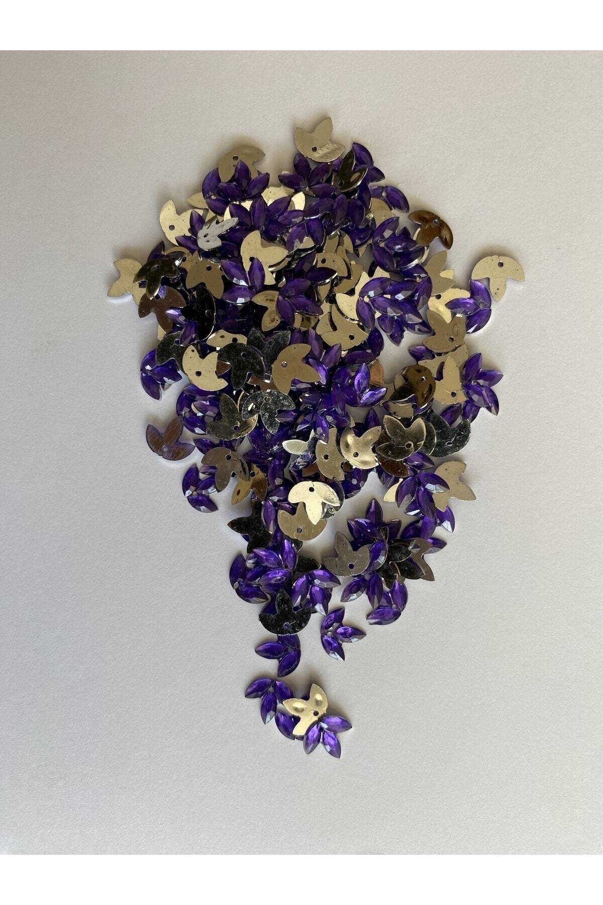 Üç Yapraklı Yonca. Oya, Abiye Ve El Işleme Taş Görünümlü Plastik Pul. Lila. Paket Içi 300 Adet.