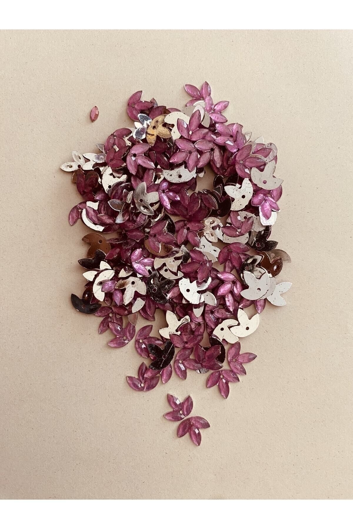 Üç Yapraklı Yonca. Oya, Abiye Ve El Işleme Taş Görünümlü Plastik Pul. Pembe. Paket Içi 300 Adet.