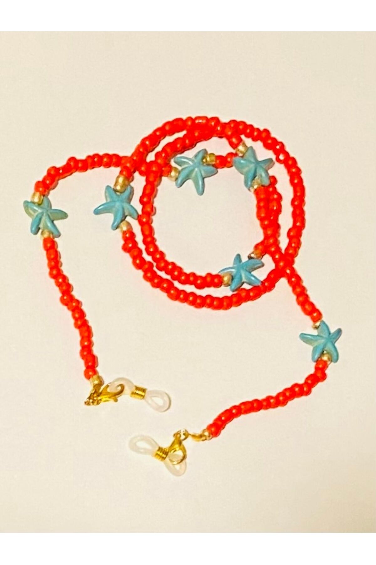 Misinalı No4 cam Boncuk, No8 Krem plstk inci, Deniz Yıldızı Sıkıştırılmış Doğal Taş Gözlük ipi 65cm