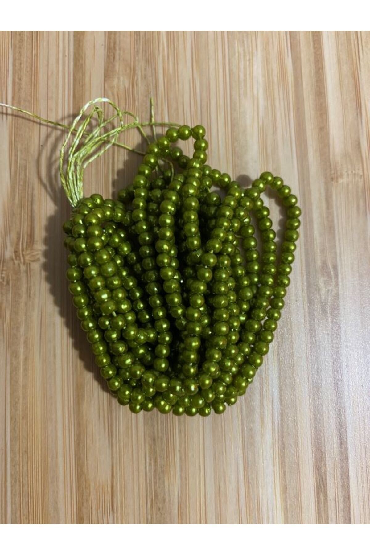 3mm Inci Boncuk 2'li Dizi. Renk: Kına Yeşili. Takriben 620-640 Adet.