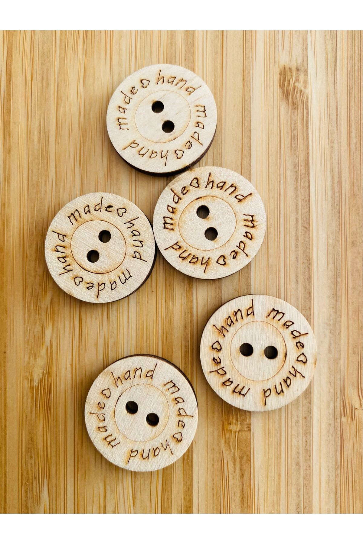 Hand made yazılı Ahşap Düğme. 28mm. 5 adet. Kaban, Palto, Ceket, Hırka ve Yelek Düğmesi.