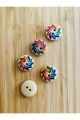 Rüzgar Gülü Desen Boyama Doğal Ahşap Düğme 15 mm.  5'li Paket. Rüzgar Gülü.