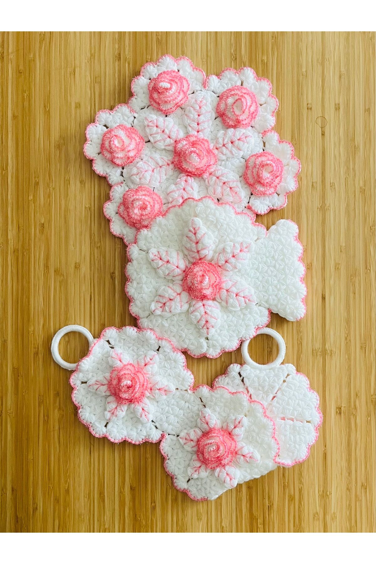 Çeyizlik Ve Banyo Lif Takımı 3'lü Set. Renk: Beyaz Pembe.