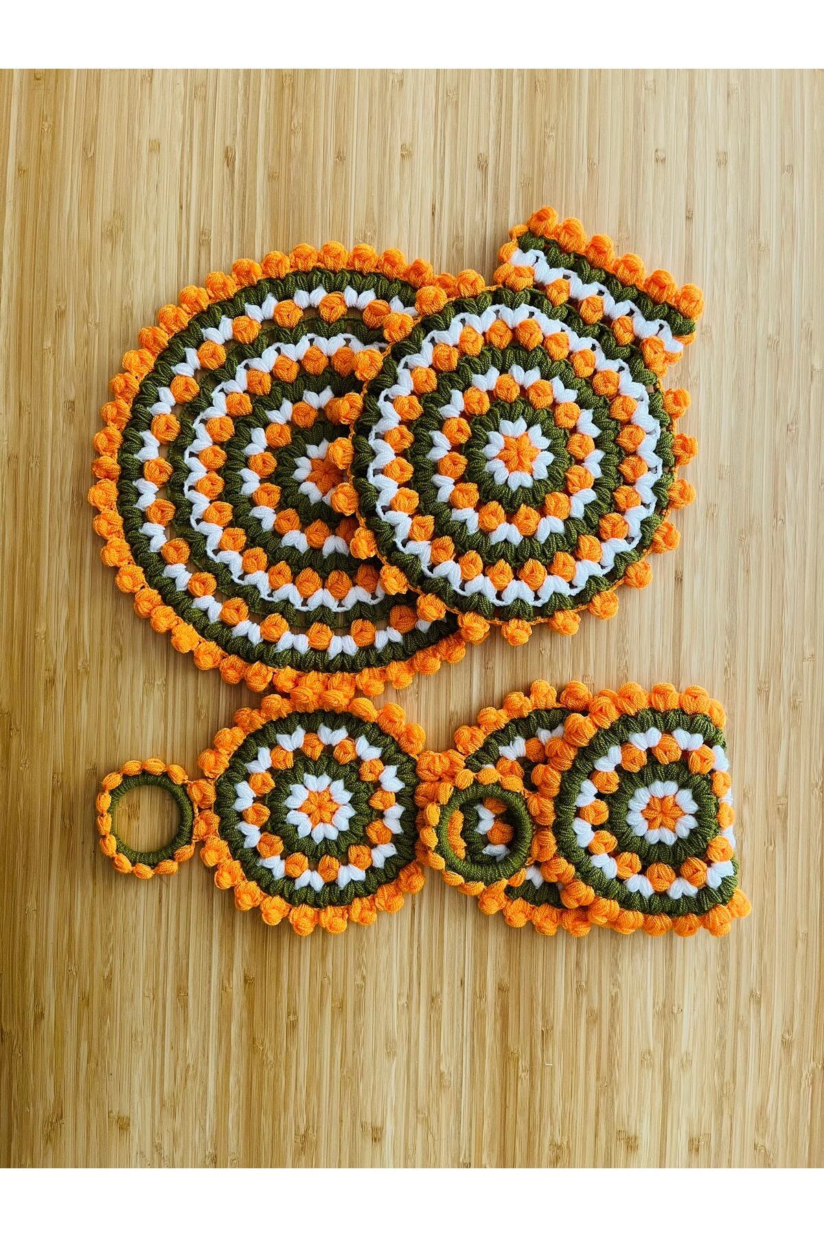 Çeyizlik Ve Banyo Lif Takımı 3'lü Set. Renk: Yeşil Beyaz Turuncu.