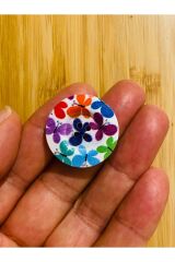 Çiçek Desen Boyalı Dekoratif Ahşap Düğme 28 mm.  5'li Paket.