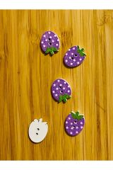 Çilek Şekilli Boyalı Ahşap Düğme 16 x 13 mm.  5'li Paket. Eflatun.