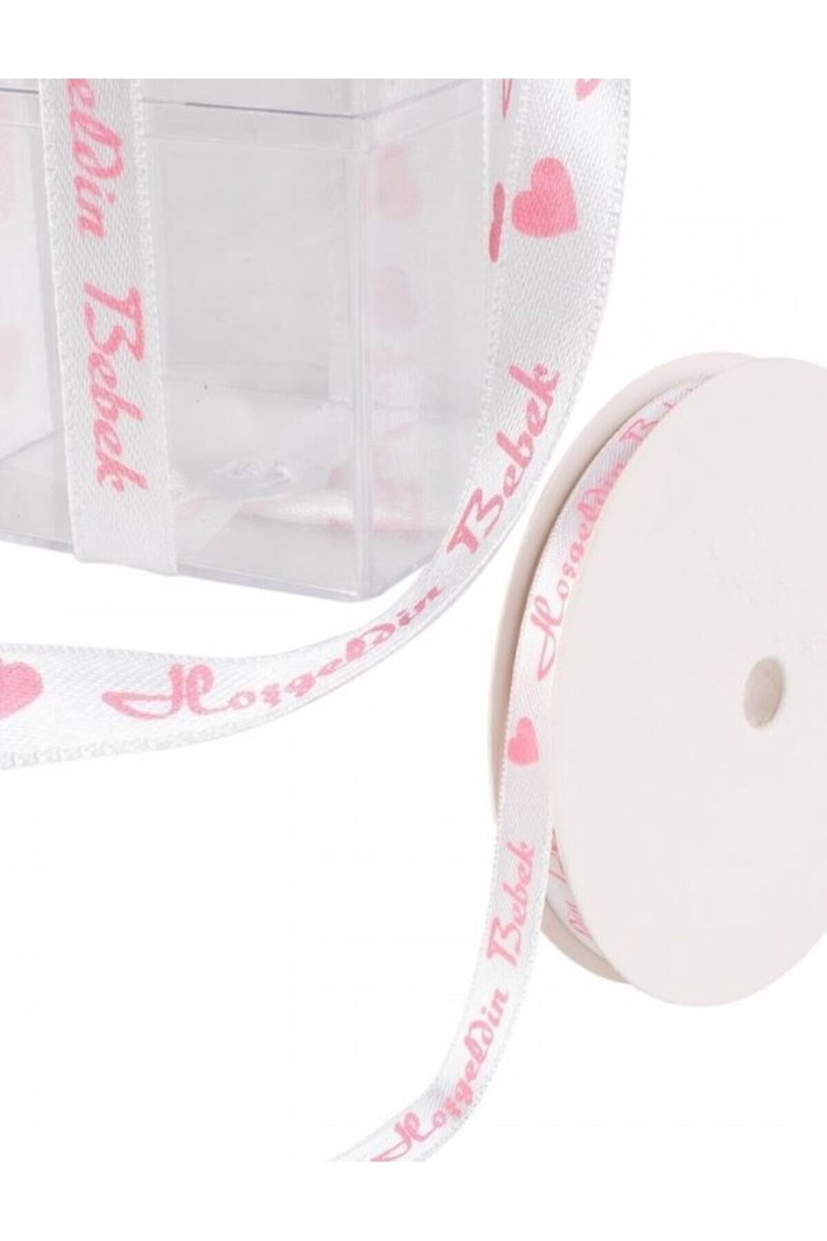 Hoşgeldin Bebek Saten Kurdele. 1cmx10metre. Beyaz/pembe.