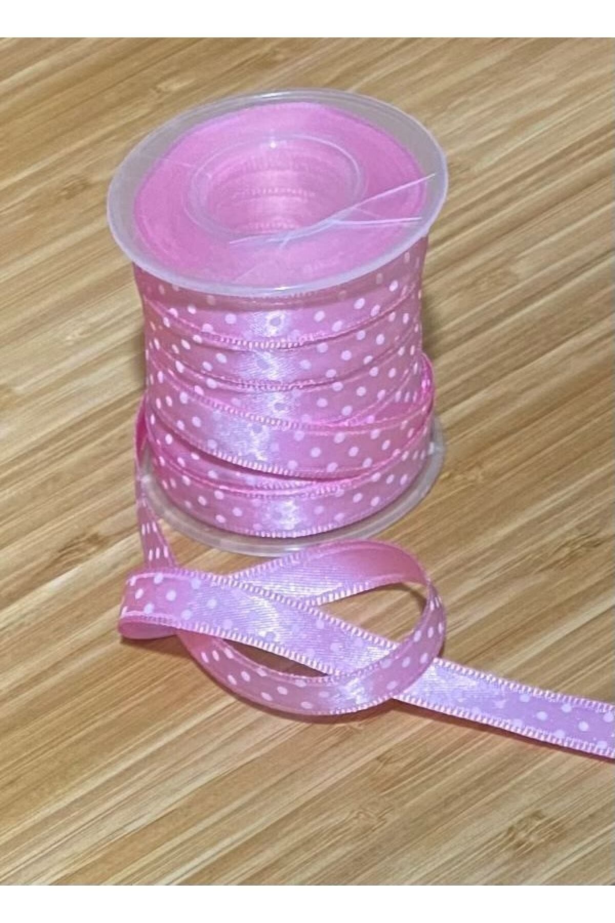 Beyaz Benekli Pembe Saten Kurdele. 1cmx5metre.