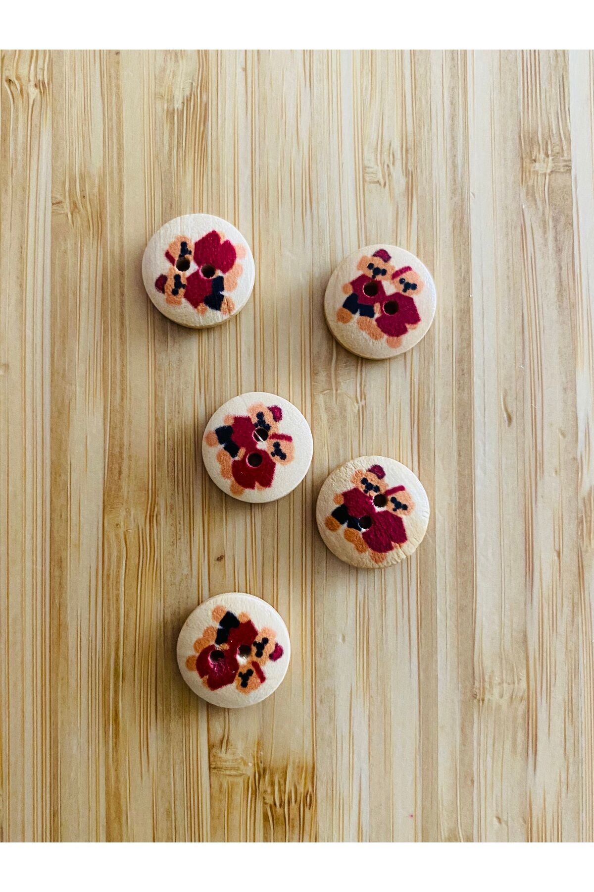 İkiz  Desen Boyama Doğal Ahşap Düğme 15 mm.  5'li Paket. İkiz.