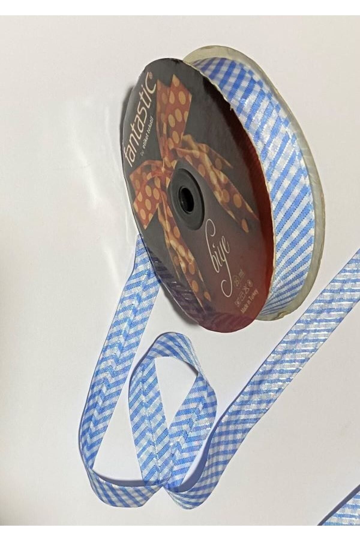 Ekose Mavi Gümüş Simli Biye (şerit) 2cm.