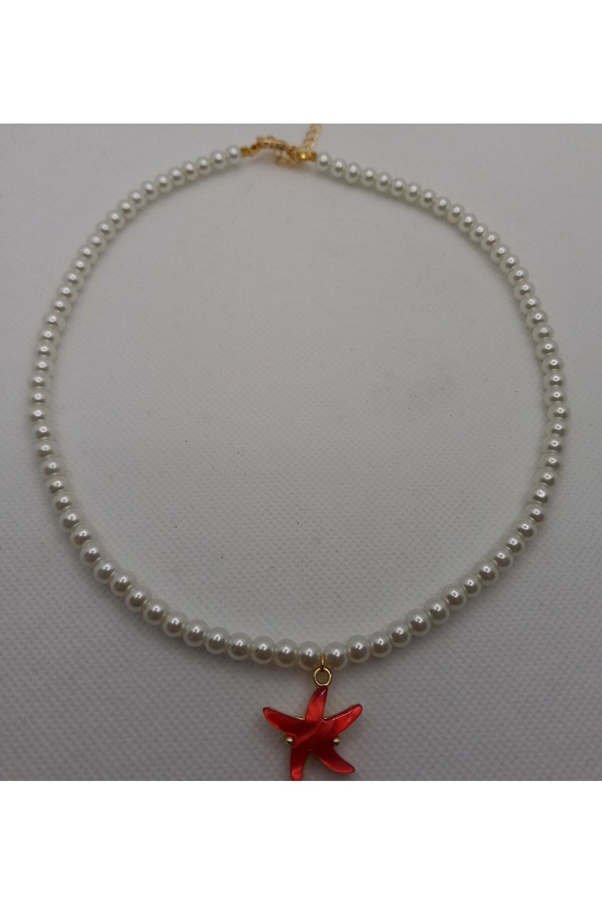Sedefli Kırmızı Yıldız Uçlu Beyaz Inci Kolye