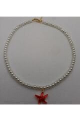 Sedefli Kırmızı Yıldız Uçlu Beyaz Inci Kolye