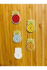Dekoratif Boyalı Ahşap Ananas Şekilli Dikmeli Süs Düğme 30 x 20 mm.  5'li Paket. Mix. V1.