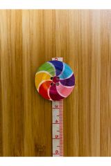 Dekoratif Boyalı Ahşap Düğme 25 Mm. 5'li Paket. Rüzgar Gülü Desenli.