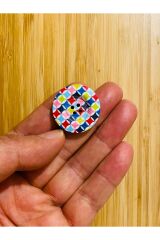 Dekoratif Boyalı Ahşap Düğme 28 Mm. 5'li Paket. Dama Desenli.