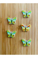 Dekoratif Boyalı Kelebek Şekilli Dikmeli Süs Aksesuar Ahşap Düğme 18 x 24 mm.  5'li Paket. Mix. V3.