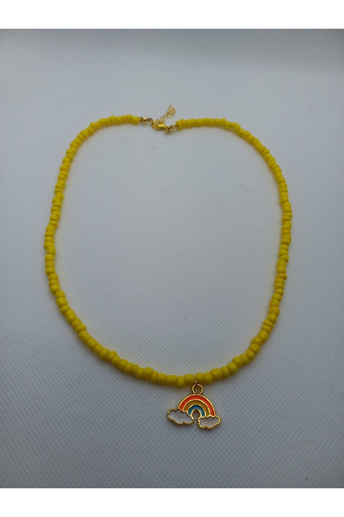 Kaplama Gökkuşağı Uçlu Sarı Cam Boncuk Kolye