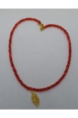 Kaplama Metal Yaprak Uçlu Kırmızı Boncuk Kolye