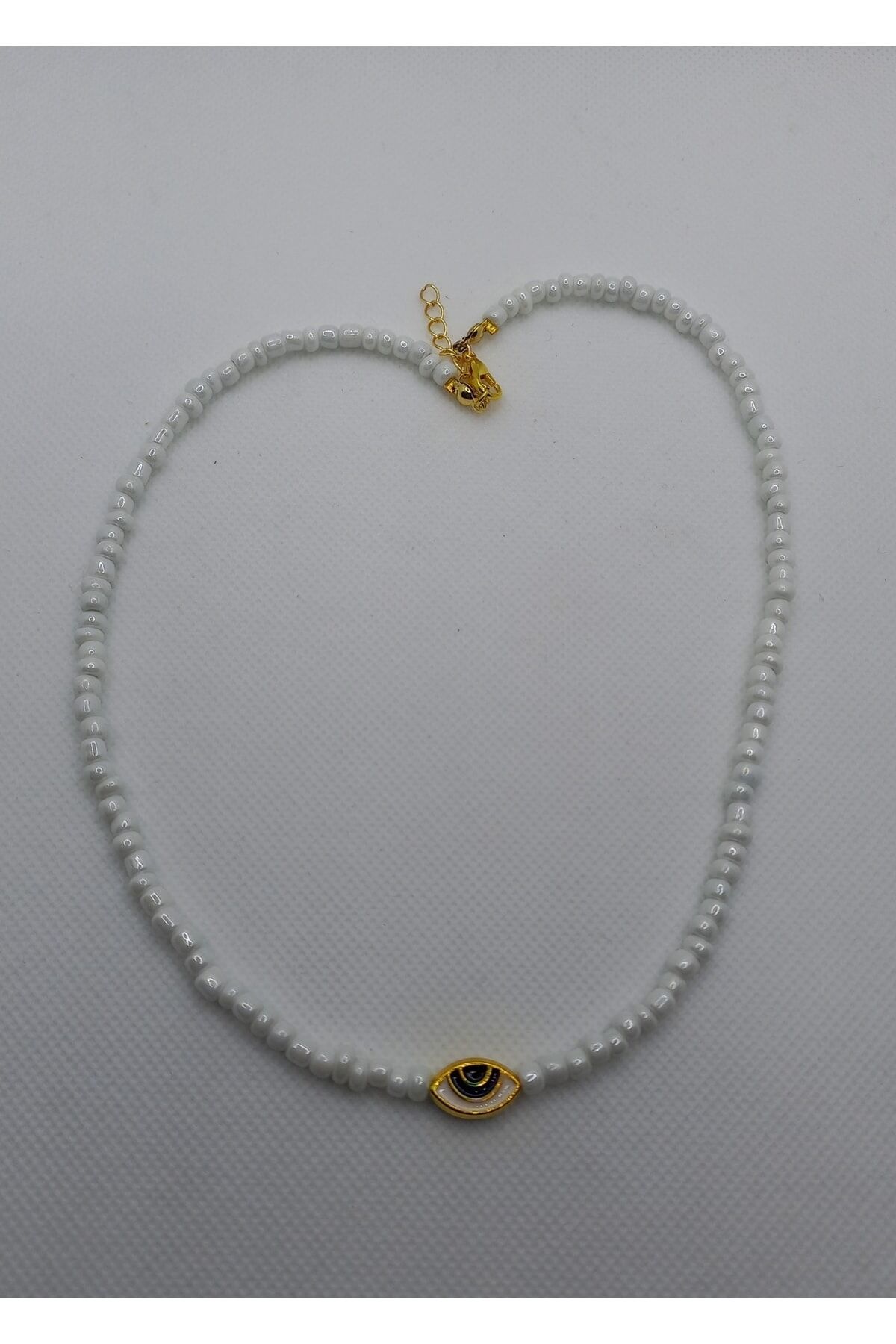 Kaplama Nazar Boncuğu Uçlu Beyaz Cam Boncuk Kolye