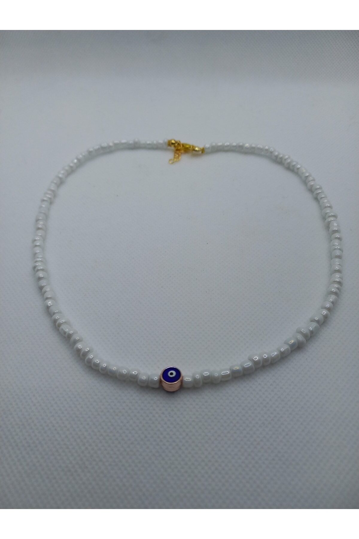 Kaplama Nazar Boncuğu Uçlu Beyaz Cam Boncuk Kolye