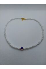 Kaplama Nazar Boncuğu Uçlu Beyaz Cam Boncuk Kolye