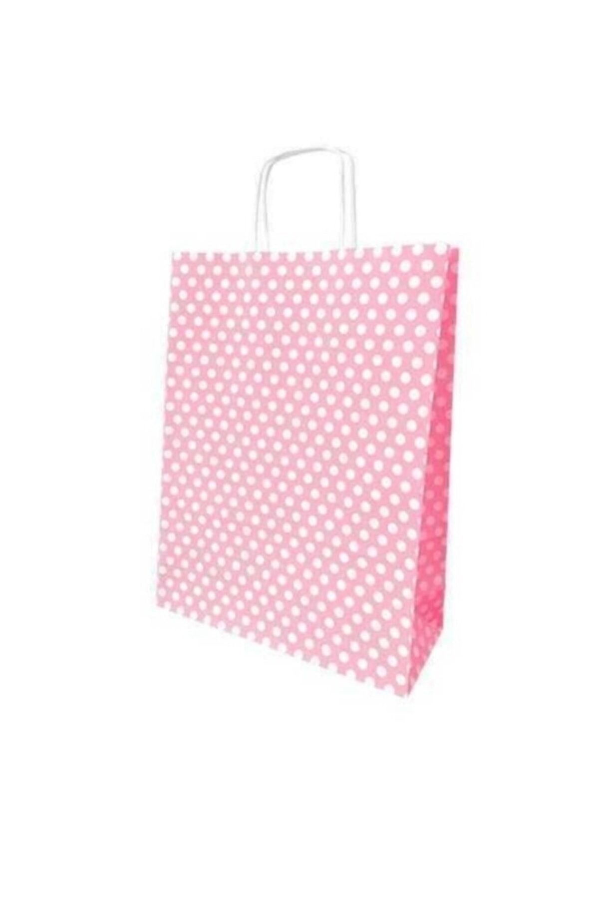 Karton Puantiyeli Hediye Poşeti Pembe 12x25x35cm 25 Adet