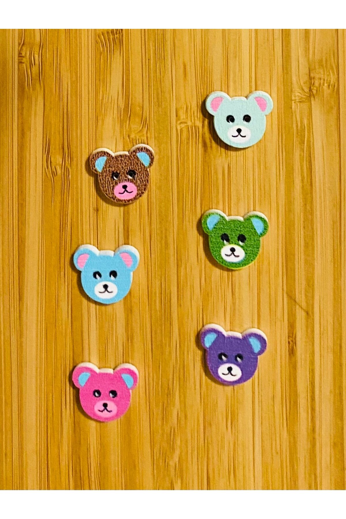 Ayıcık Şekilli Boyalı Ahşap Düğme 18 x 15 mm.  6'lı Paket. Mix V1.