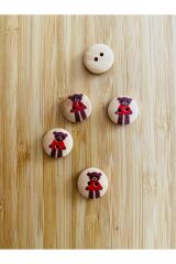 Desenli Natürel Ahşap Düğme 15mm.  5'li Paket. Hayvan Figürlü.