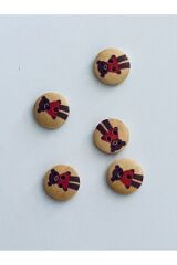 Desenli Natürel Ahşap Düğme 15mm.  5'li Paket. Hayvan Figürlü.