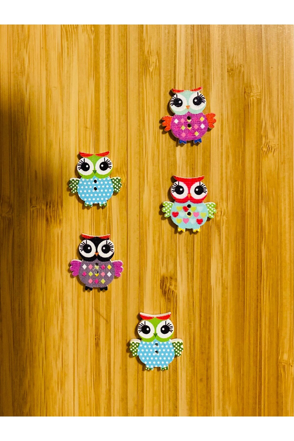Baykuş Şekilli Boyalı Ahşap Dikmeli Süs Aksesuar Düğme 25 x 24 mm.  5'liPaket. Mix. V2.