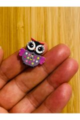 Baykuş Şekilli Boyalı Ahşap Dikmeli Süs Aksesuar Düğme 25 x 24 mm.  5'liPaket. Mix. V2.
