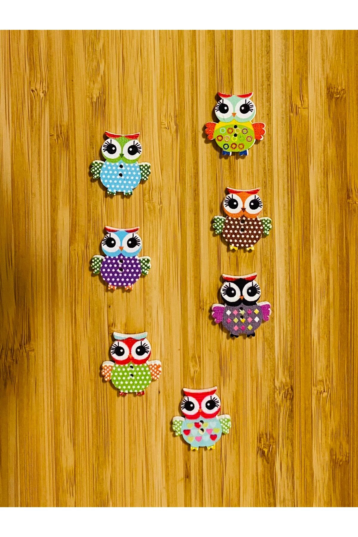 Baykuş Şekilli Boyalı Ahşap Dikmeli Süs Aksesuar Düğme 25 x 24 mm.  7'liPaket. Mix. V1.