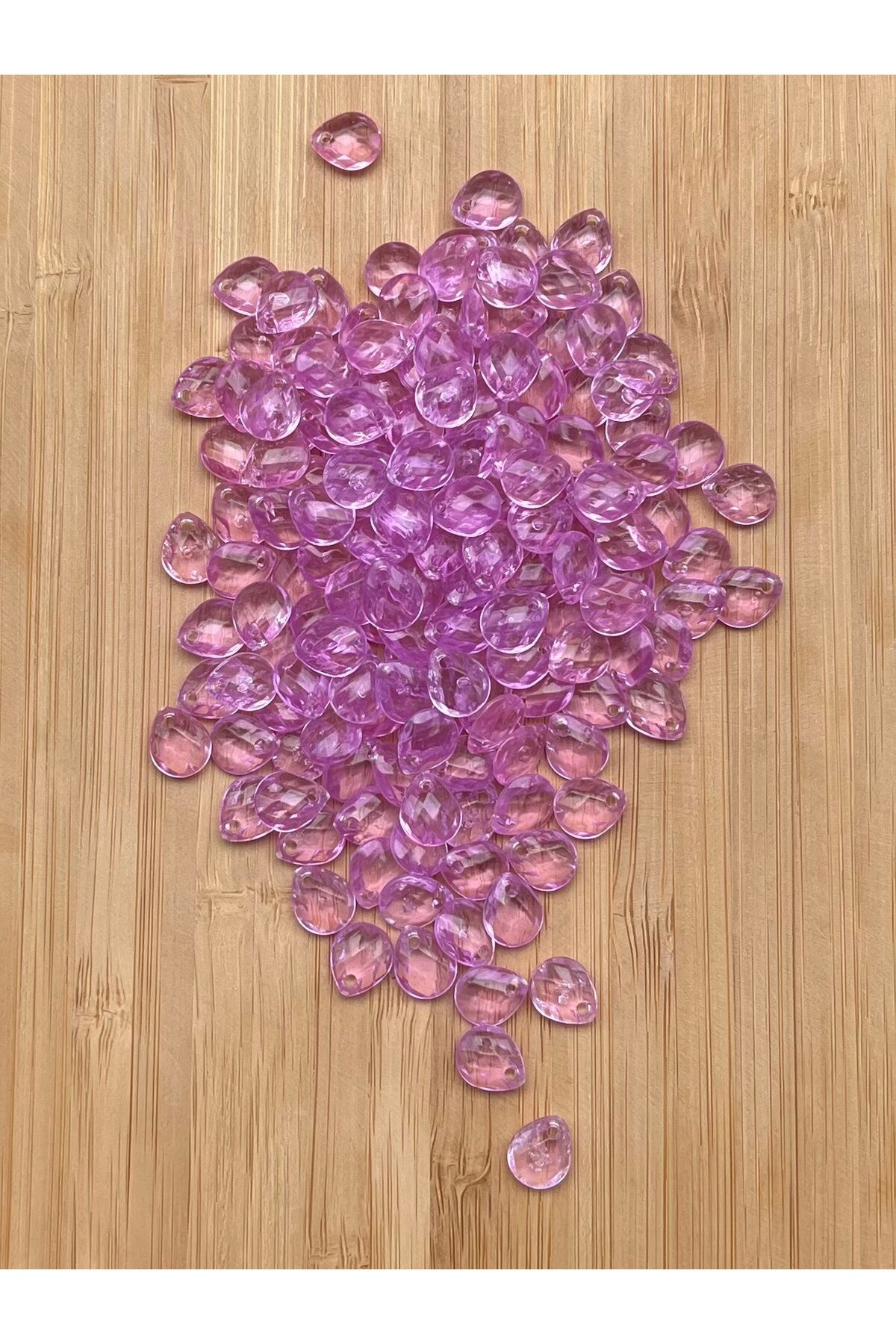 Şeffaf Lila pembesi Oya, Abiye, Takı, Örgü Plastik Gözyaşı Damla Boncuk. 25gr. Tahmini 195 Adet.