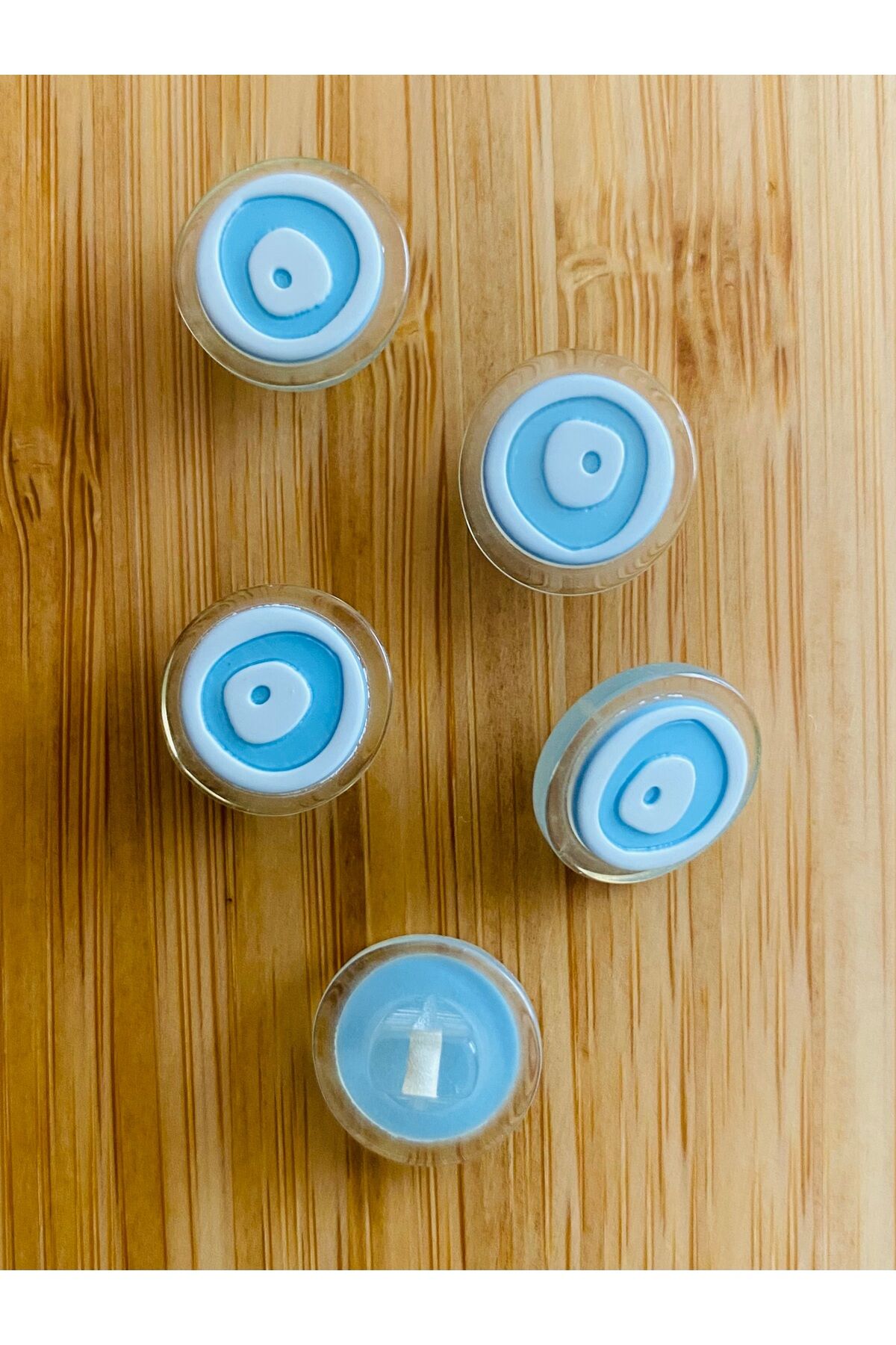 Bebe Hırka, Yelek ve Amigurumi Nazar boncuğu Desen Düğme. 15mm. 5'li Pkt. Renk: Mavi/Beyaz.