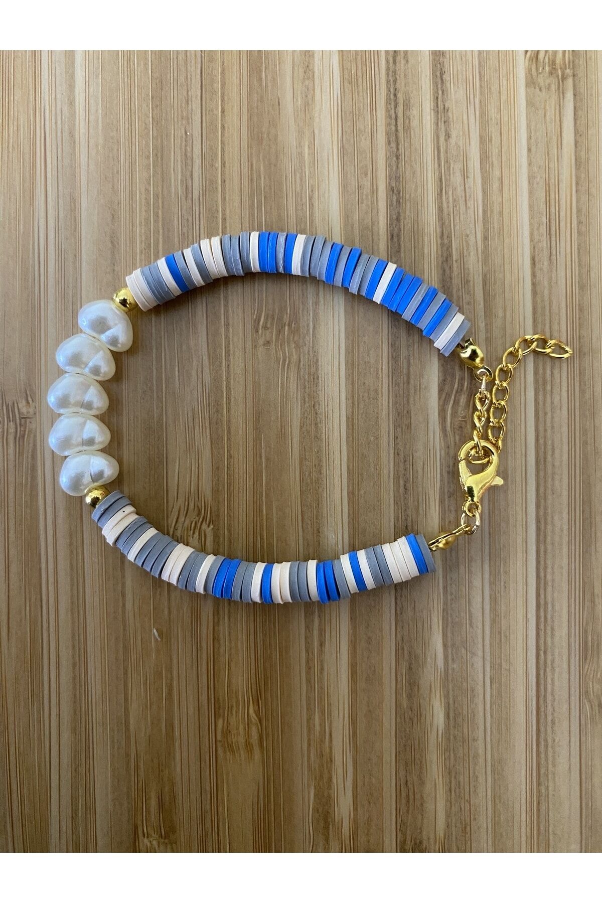 Fimo Bileklik Kalp Incili. Mavi/gri.