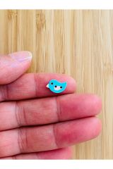 Beyaz Boyalı Desenli Şekilli Ahşap Düğme 9mm x 13mm.  6'lı Paket. Kuş figürü Turkuaz.