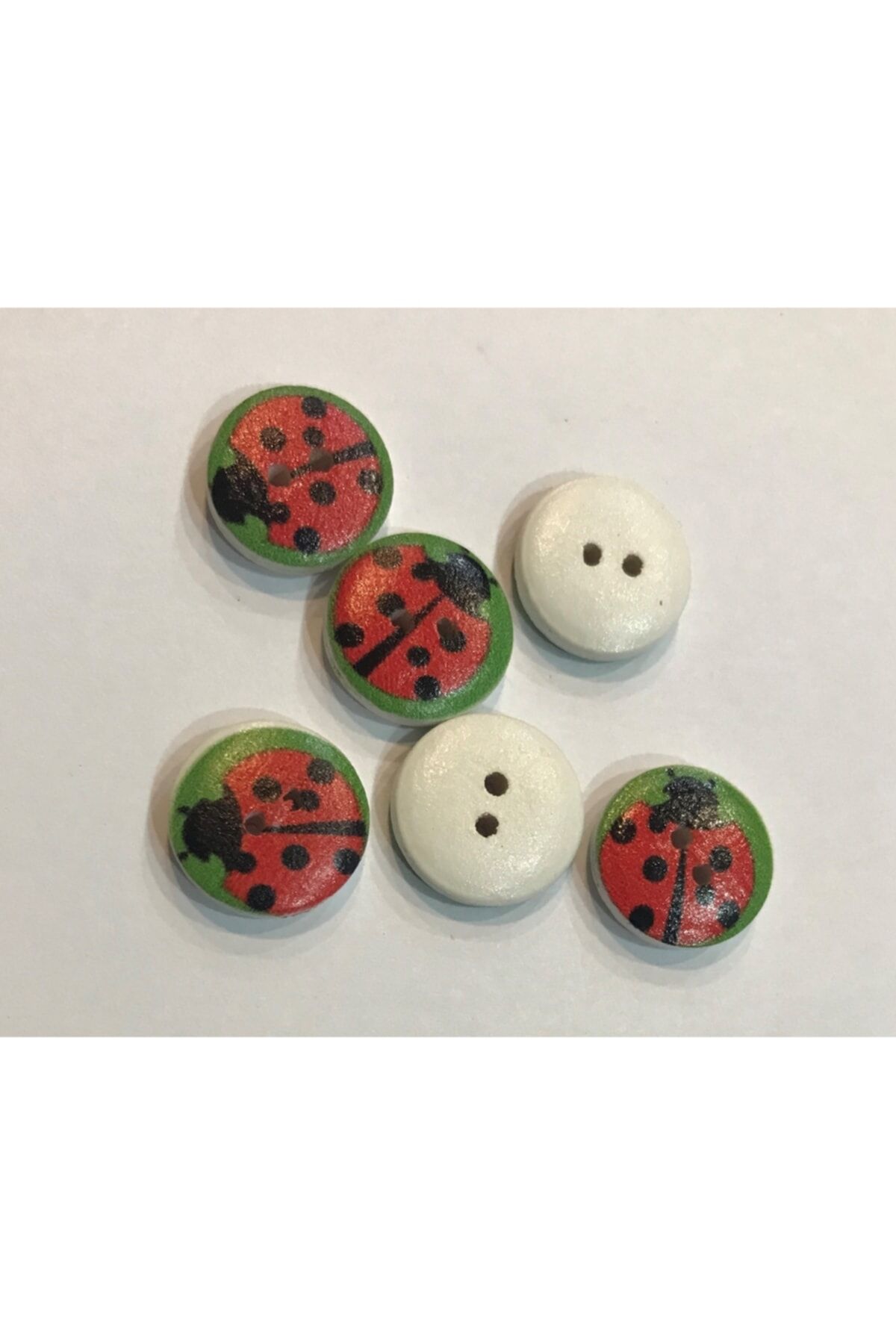 Boyalı Desenli Ahşap Düğme. 1.5cm. 6'lı Paket. Uğur Böceği.