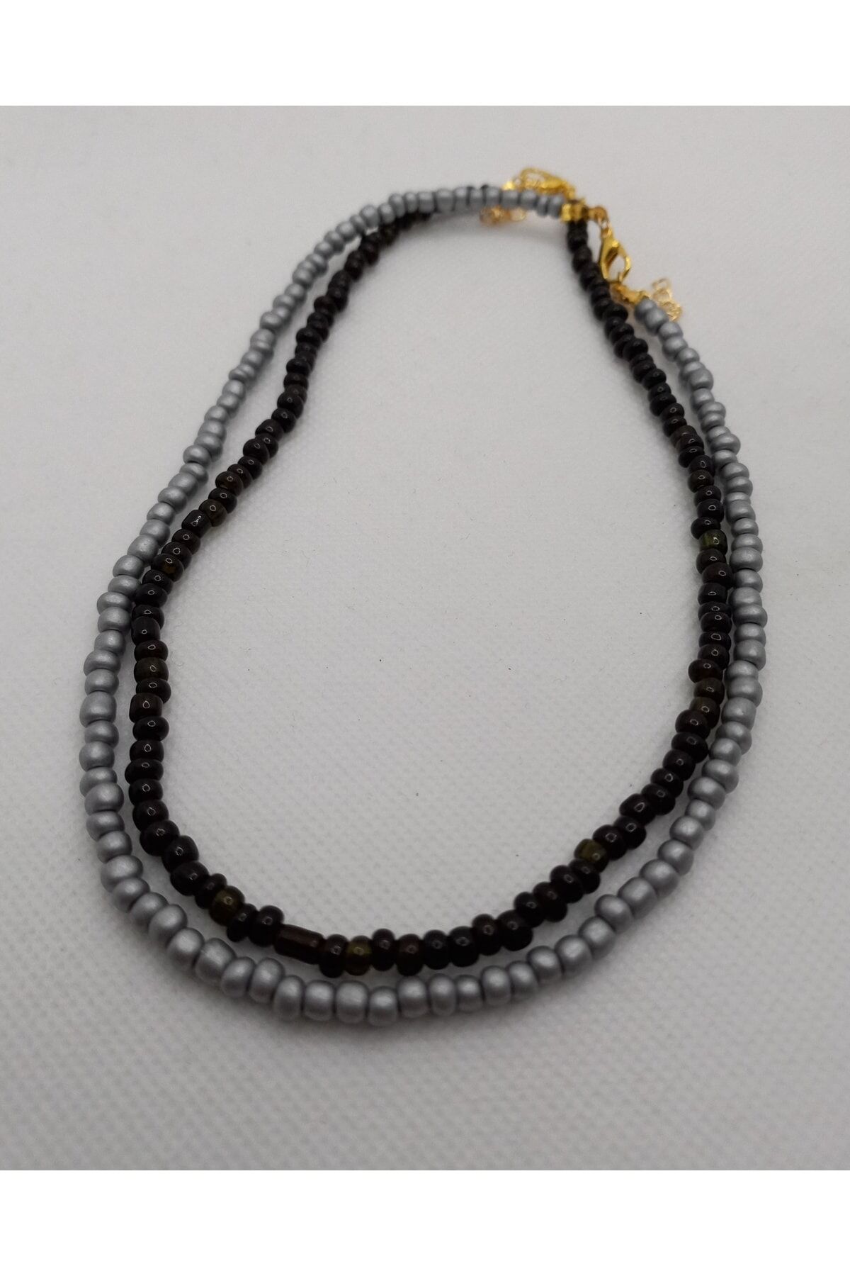 2 Li Siyah Ve Gümüş Gri Boncuk Kolye