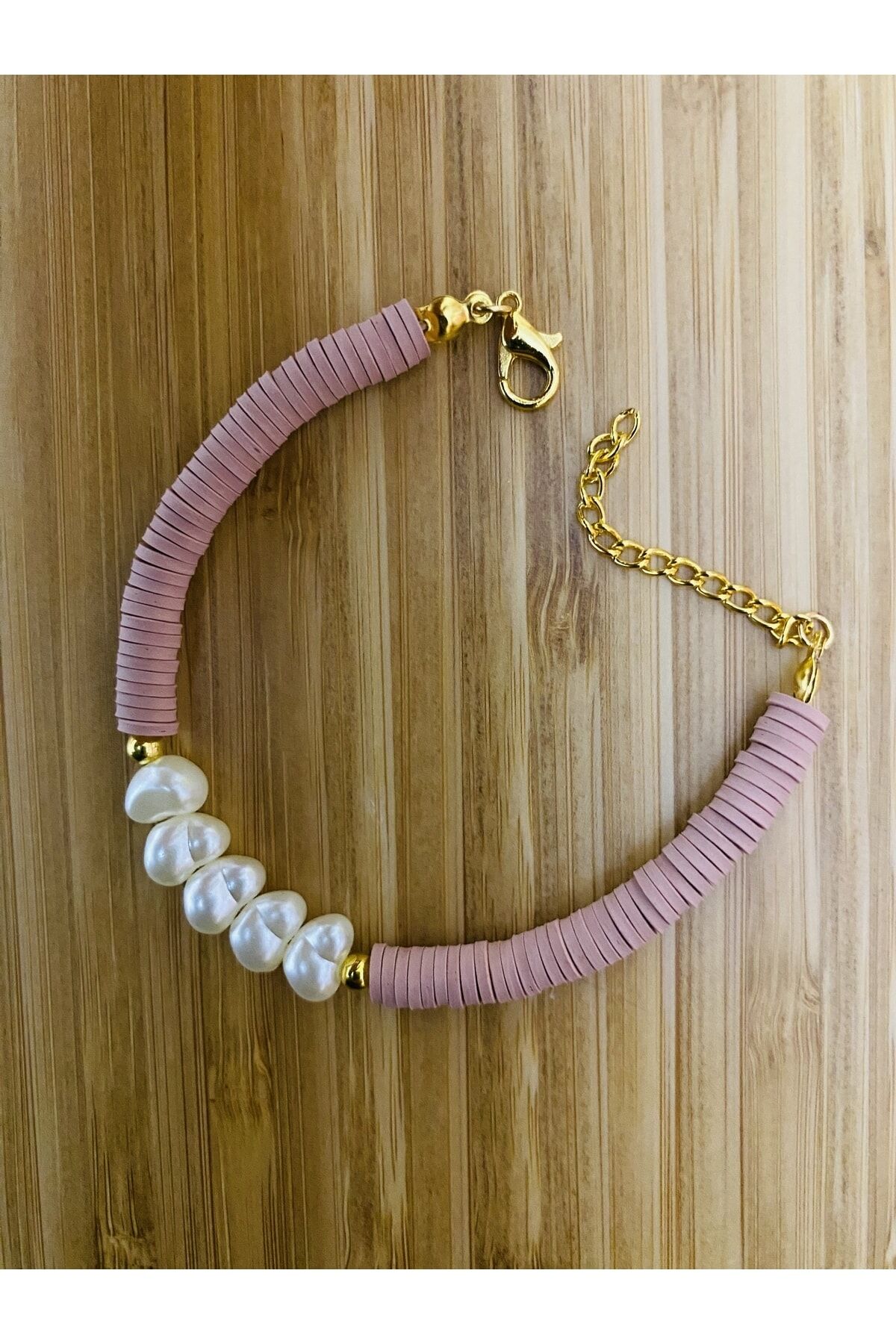 Fimo Bileklik Kalp Incili. Açık Gül Kurusu.