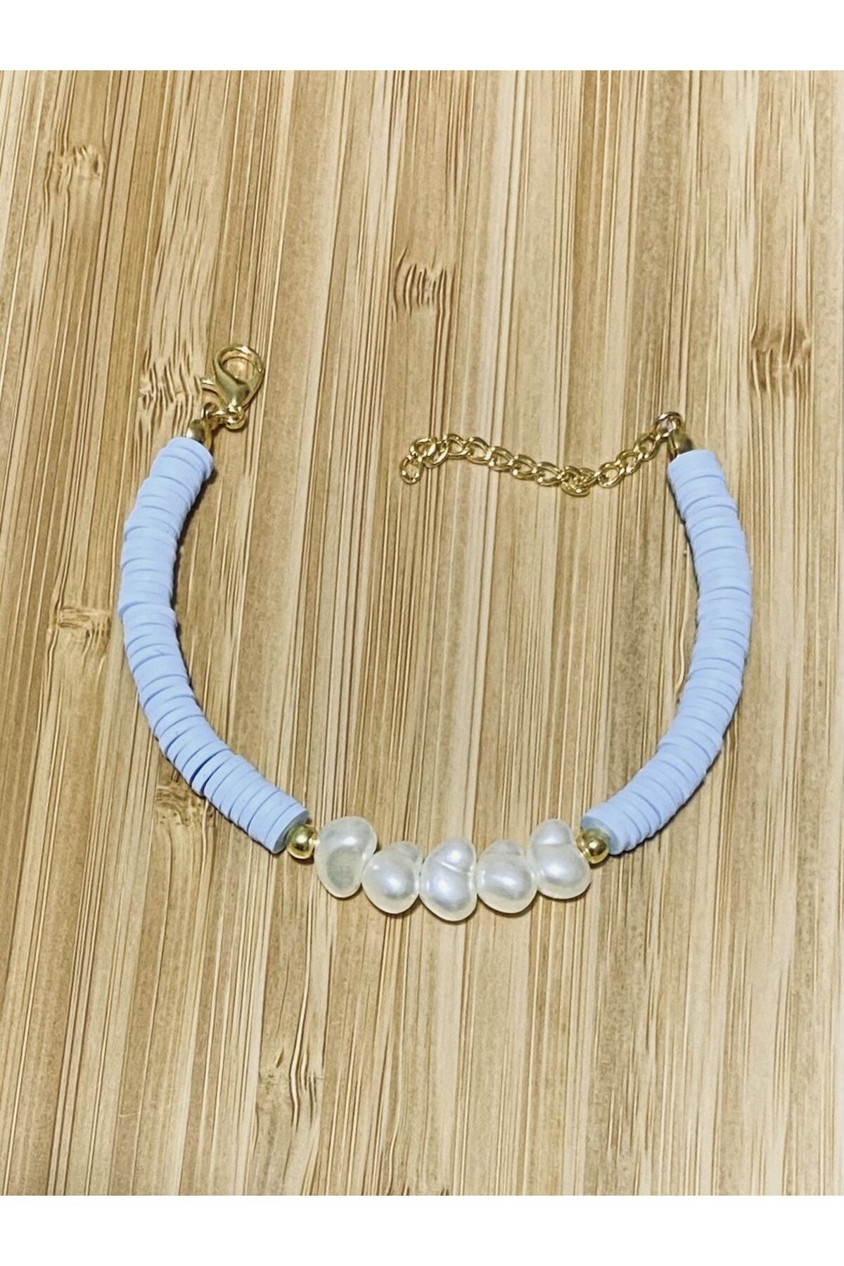 Fimo Bileklik Kalp Incili. Açık Mavi.