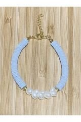 Fimo Bileklik Kalp Incili. Açık Mavi.