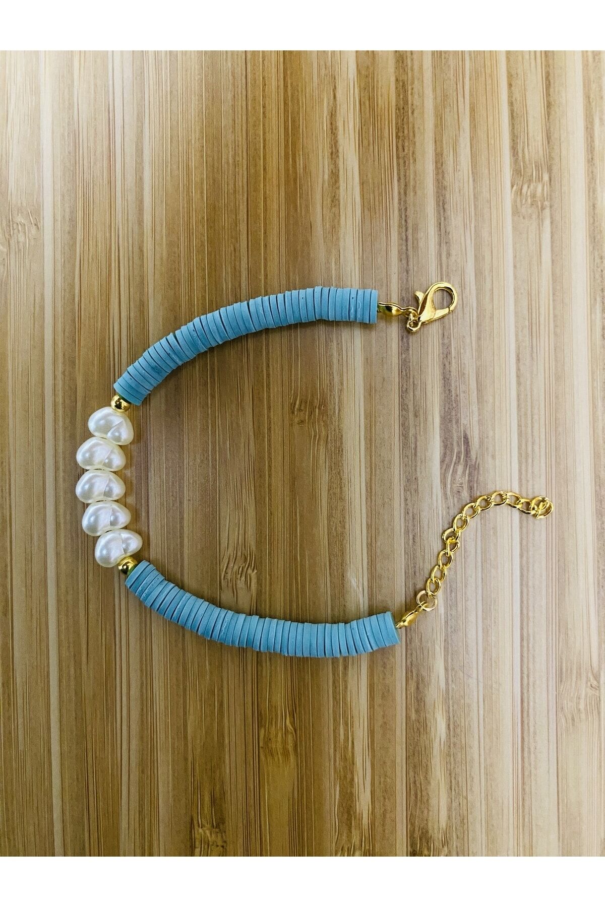 Fimo Bileklik Kalp Incili. Bebe Mavi.