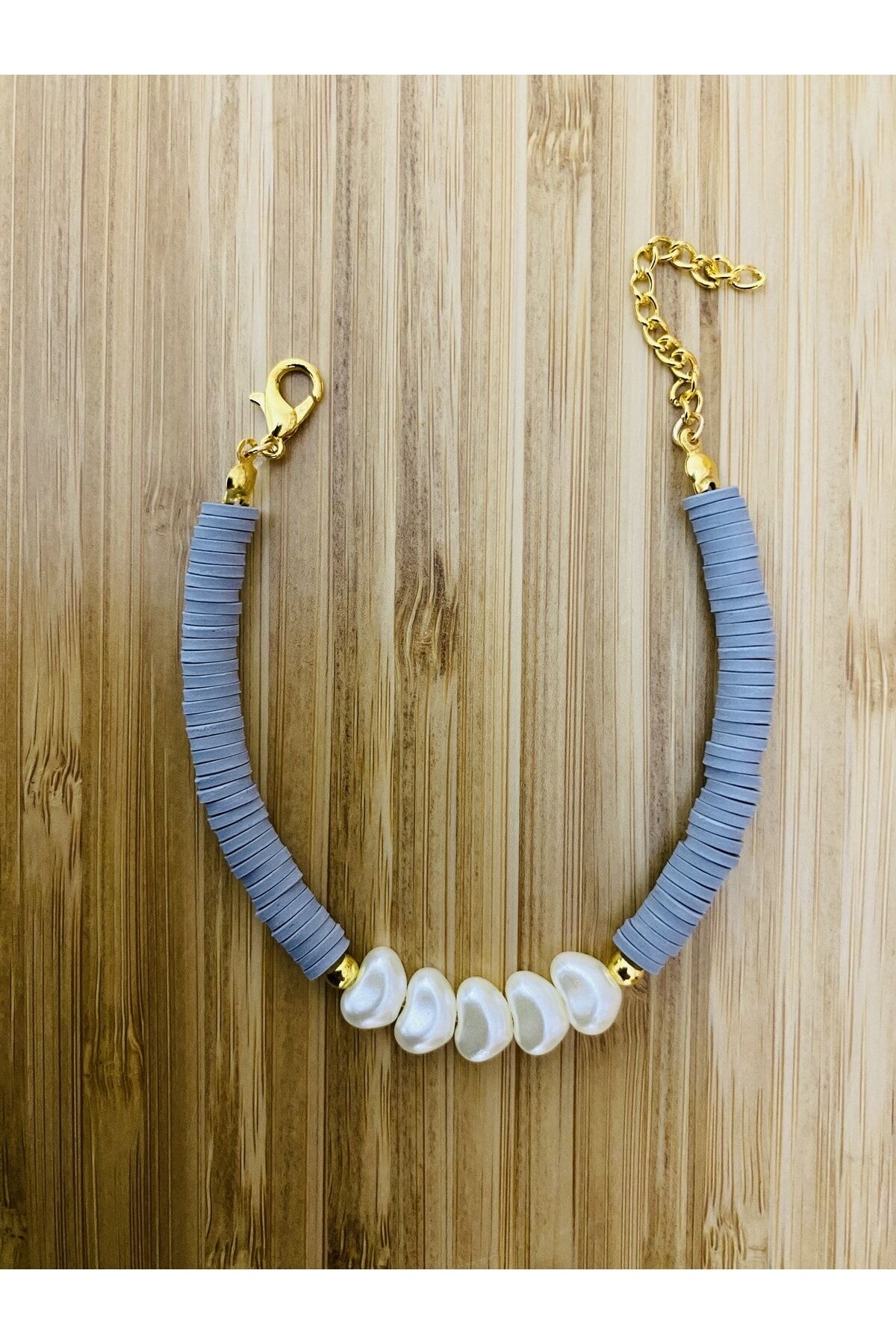 Fimo Bileklik Kalp Incili. Gri.